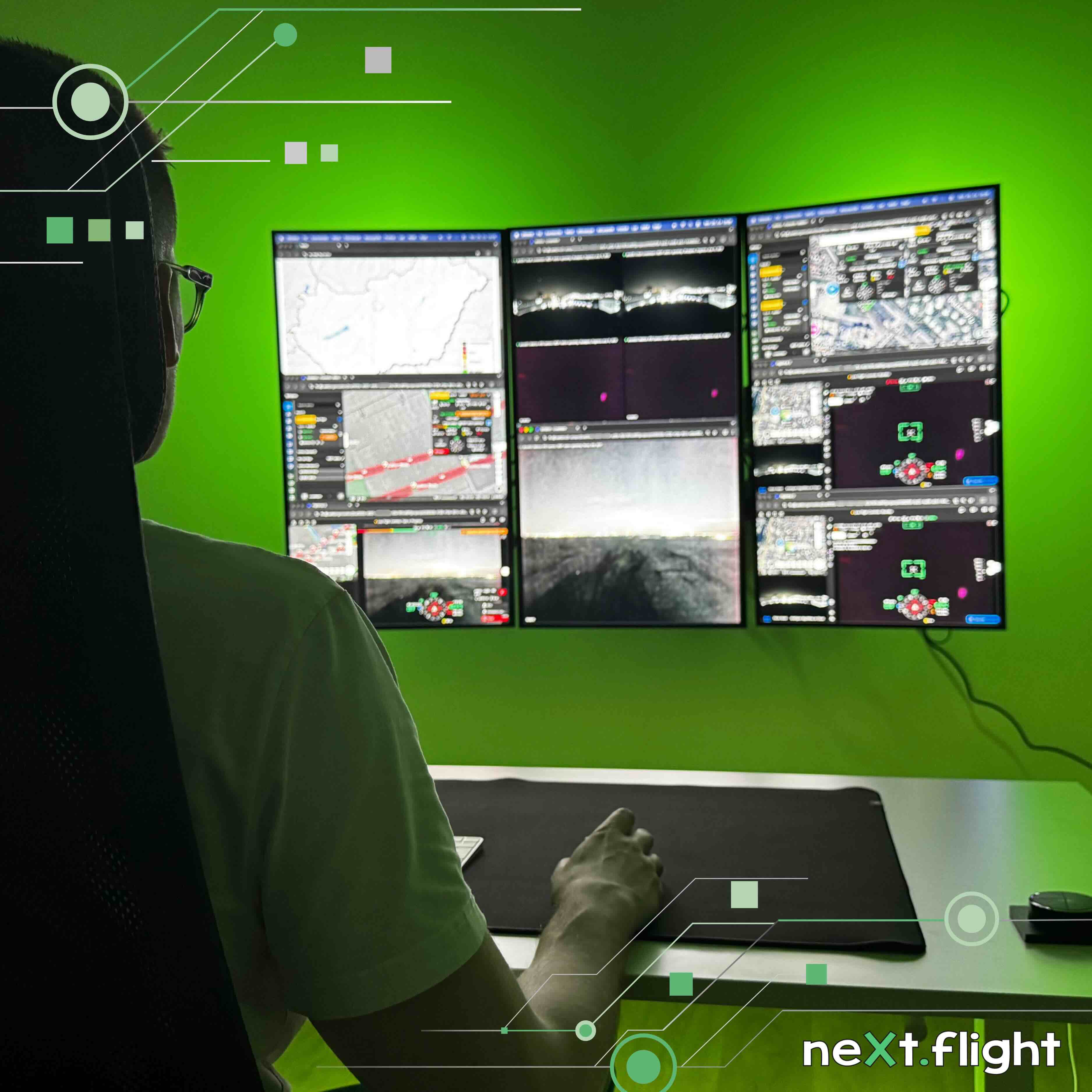 Műveleti térképekkel és élőképekkel kitöltött monitorok a neXt flight műveletirányító központjában